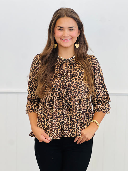Leopard Bow Tie Blouse (Reg & Plus)