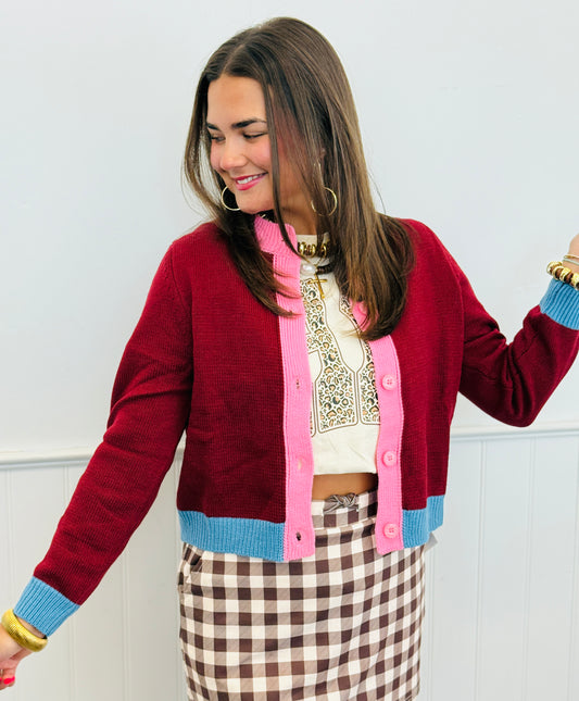 Burgundy Combo Button Up Sweater Cardigan (Reg.)