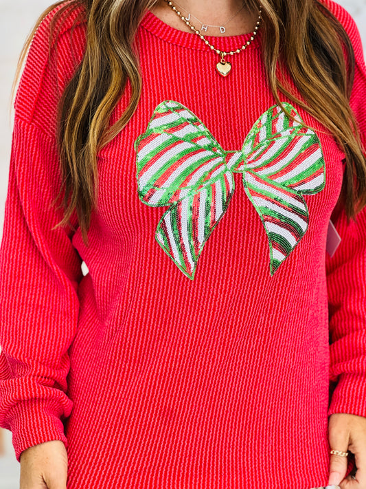 Red Sequin Christmas Bow Long Sleeve Top (Reg & Plus)
