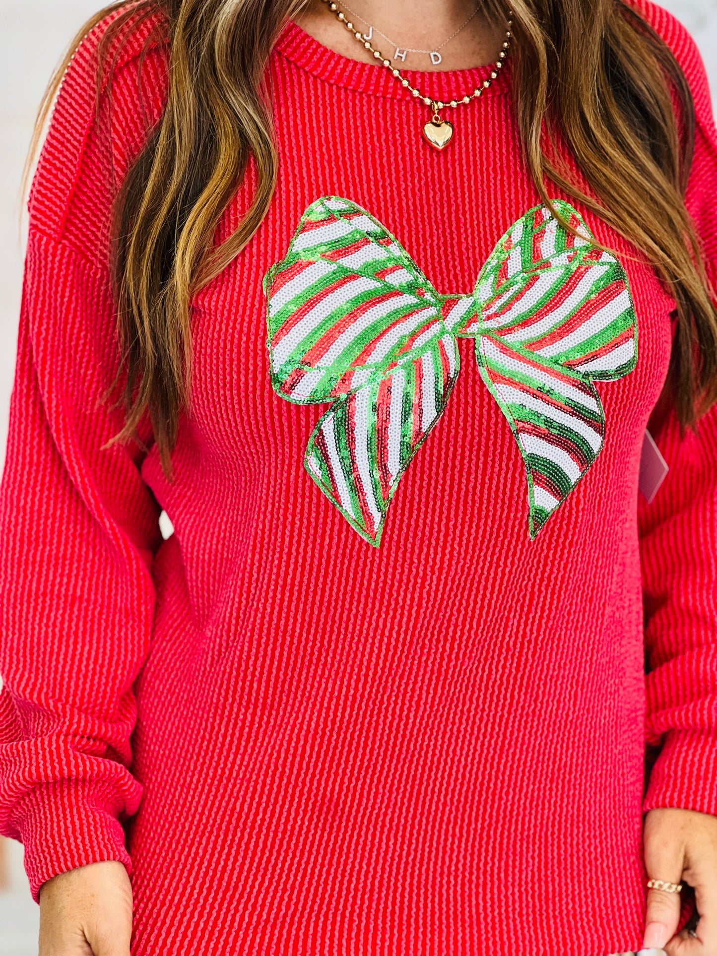 Red Sequin Christmas Bow Long Sleeve Top (Reg & Plus)