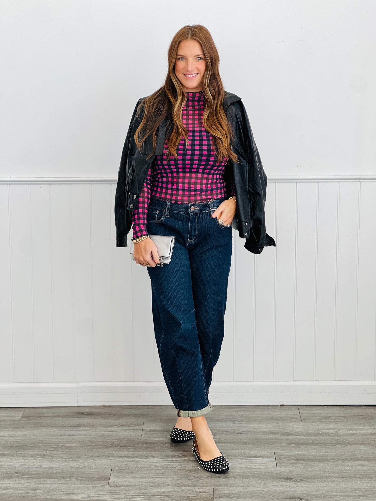 Pink/Black Gingham Print Mesh Top (Reg. and Plus)