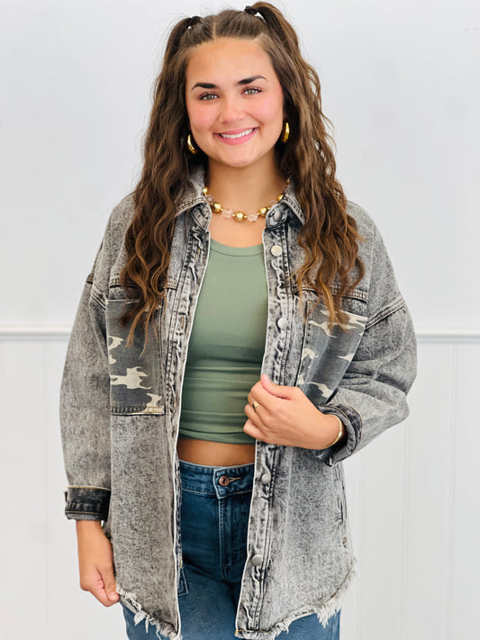 Camo Denim Button Down Shacket (Reg.)