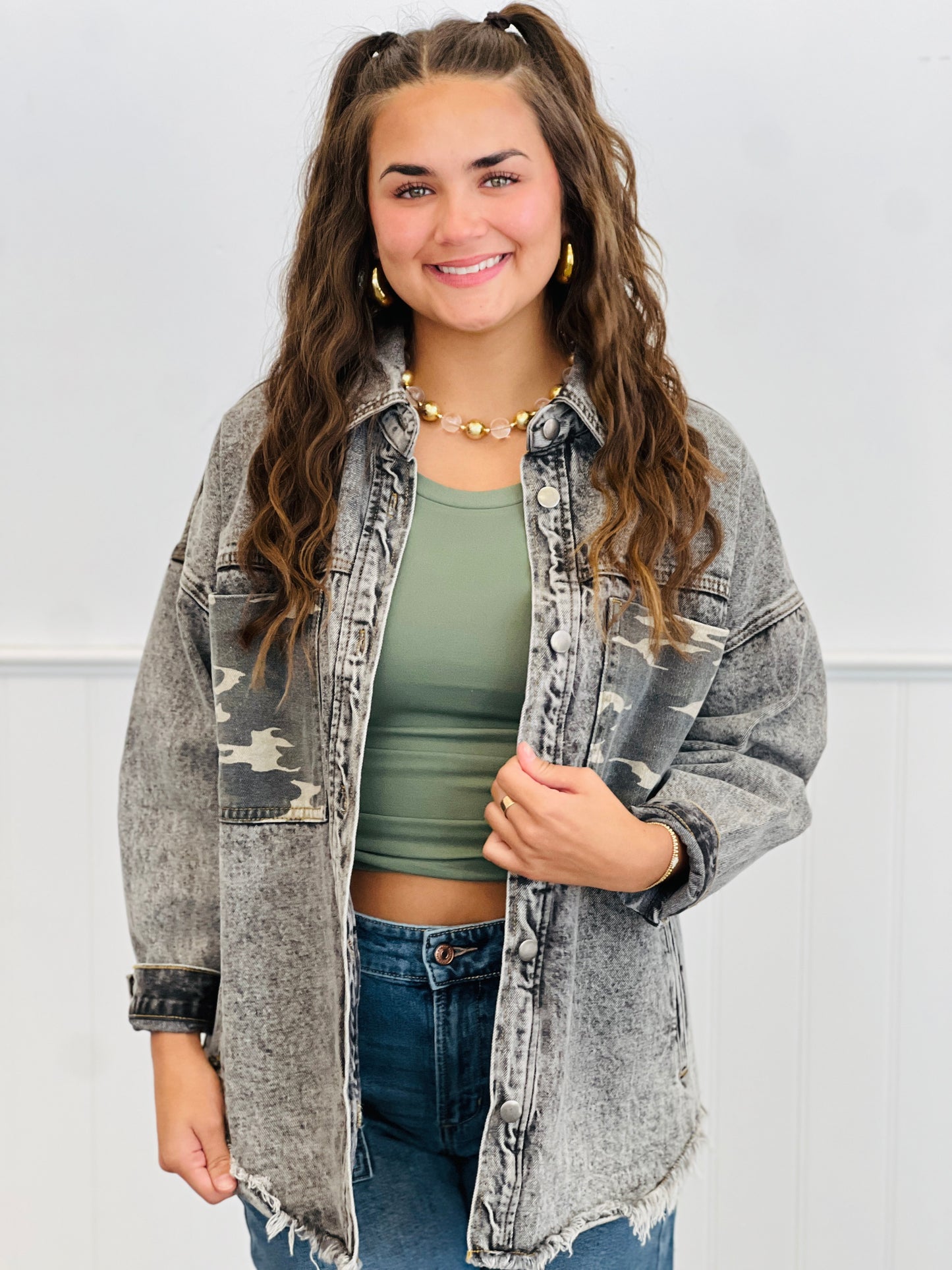 Camo Denim Button Down Shacket (Reg.)