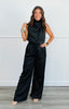 Black Satin Mock Neck Top And Wide Leg Pants Set (Reg)