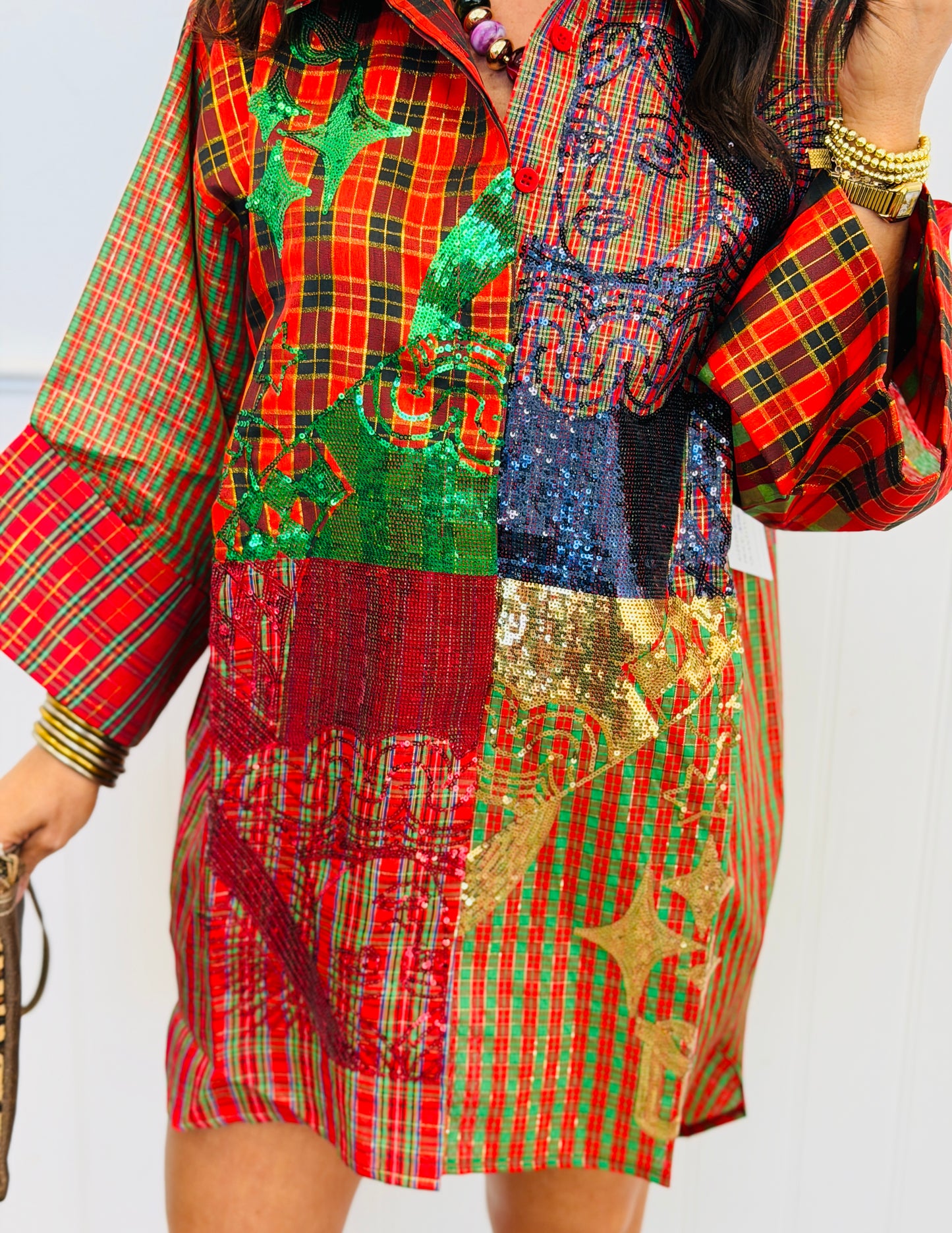 Queen Of Sparkles Plaid Sequin Card Logo Tunic Top (Reg. & Plus)