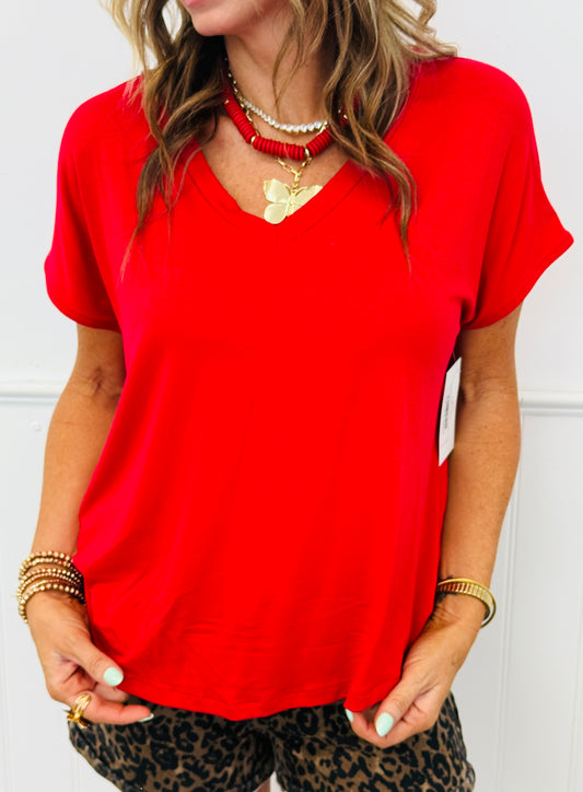 Red V-Neck Short Sleeve Top (Reg. and Plus)