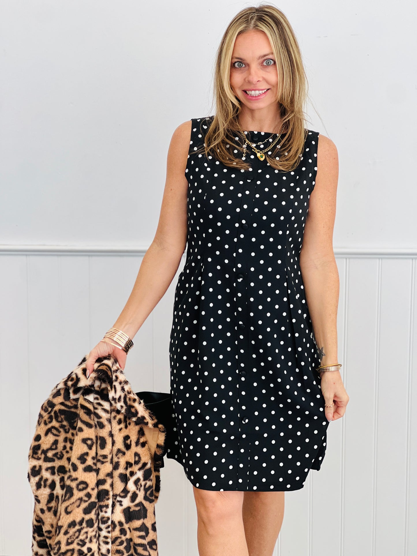 Black/Ivory Sleeveless Polka Dot Mini Dress (Reg & Plus)