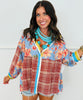 Red Plaid Multi Mixed Print Button Up Top (Reg. and Plus)