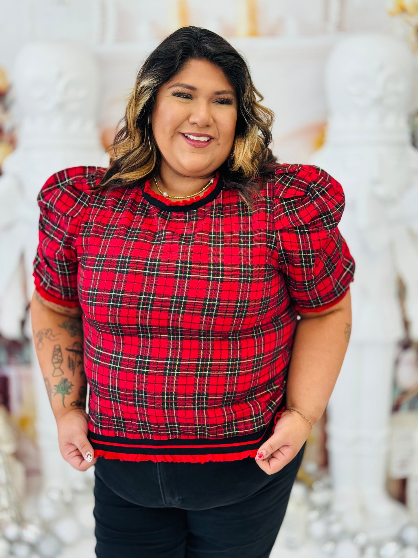 Red Plaid Ruffle Trim Top (Reg & Plus)