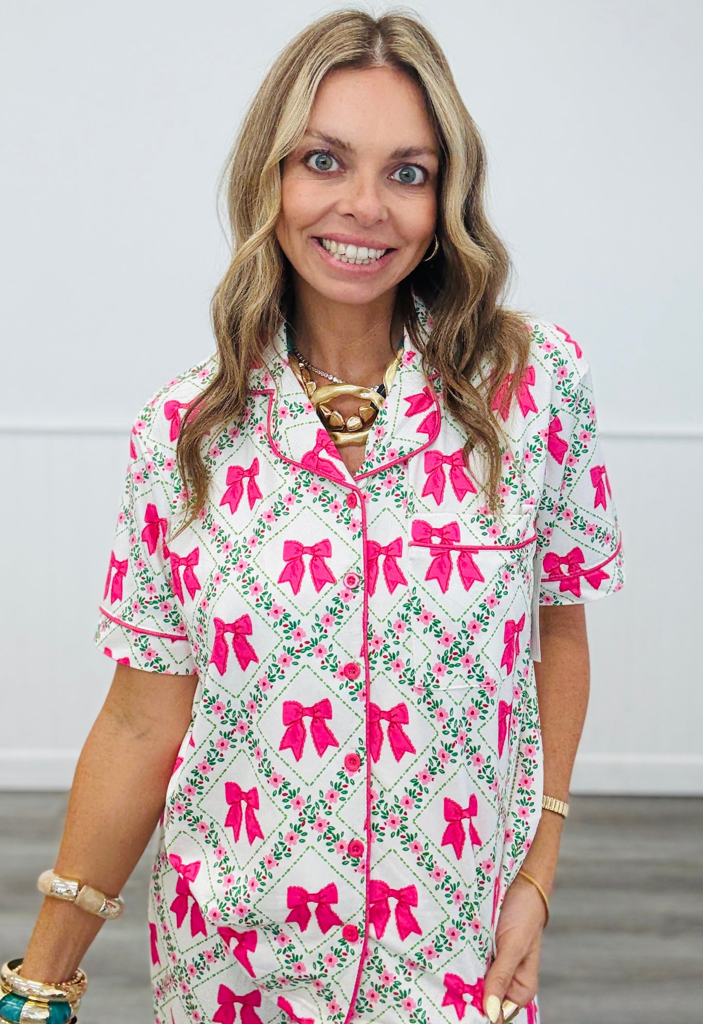 Pretty Lattice Bow Ruffle Pajama Set (Reg. and Plus)