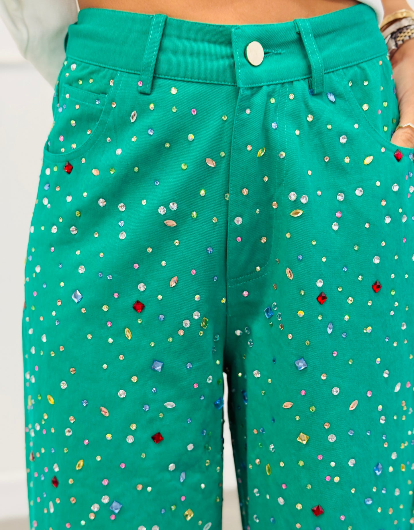 Queen Of Sparkles Green Multi Rhinestone Jeans (Reg. and Plus)
