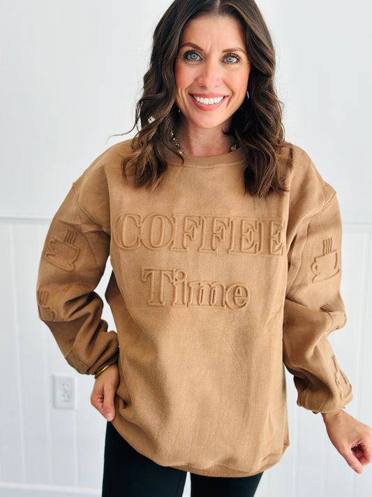 Coffee Time Embossed Sweatshirt (Reg. and Plus)