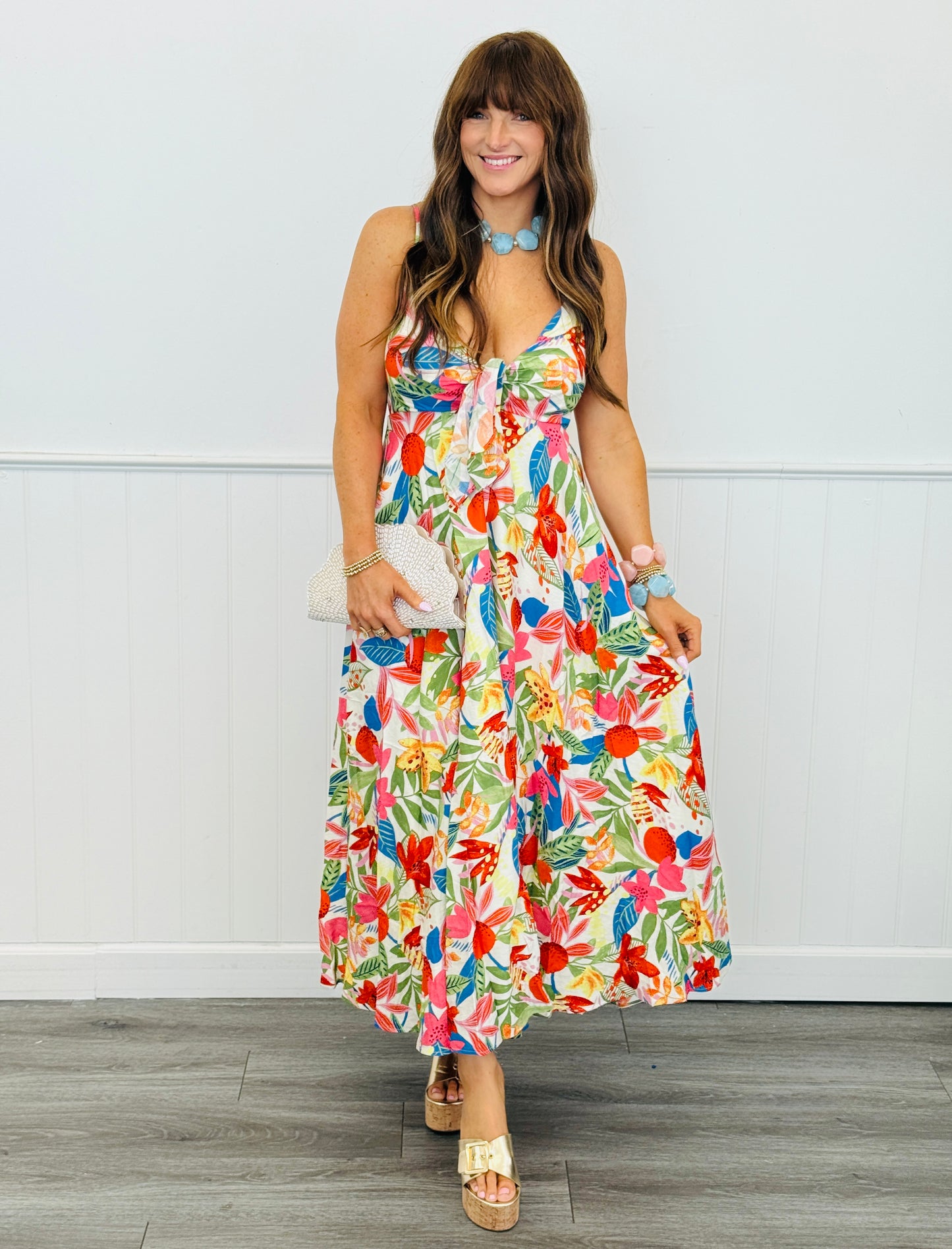 White Multi Floral Print Strappy Midi Dress (Reg.)
