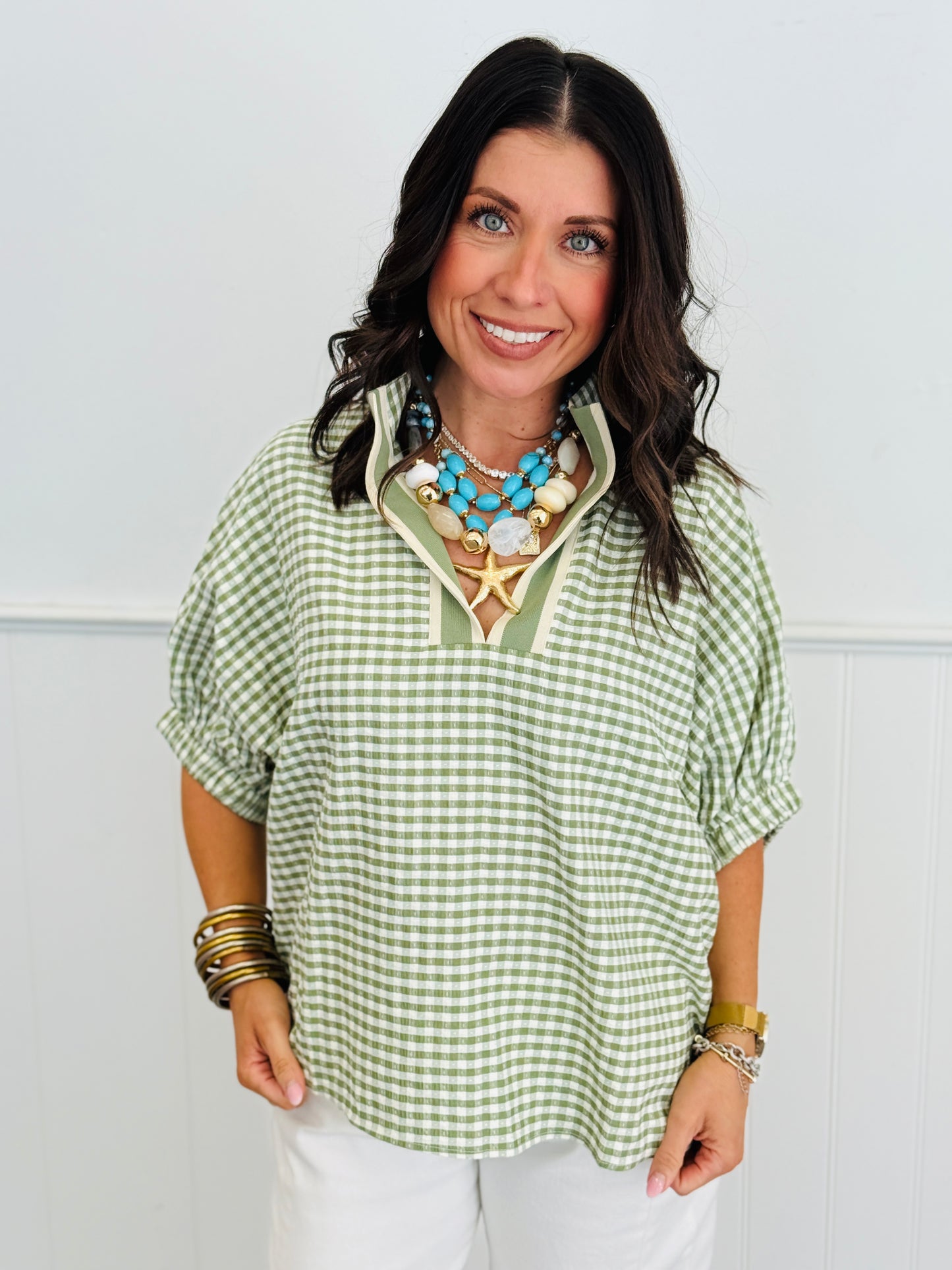 Gingham Dolman Sleeve Blouse (Reg & Plus)-2 Colors