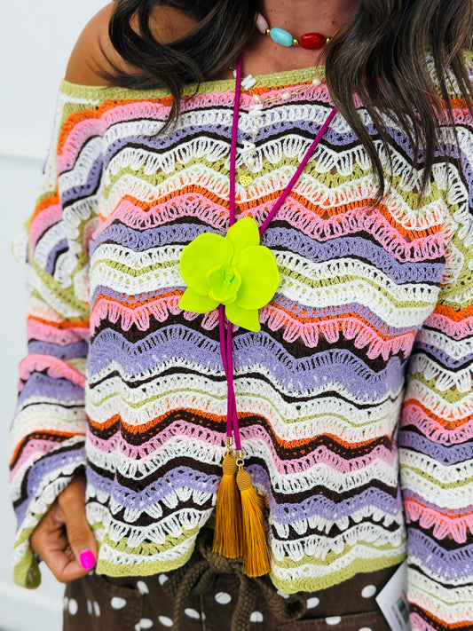 POL Pink Multi Scallop Stripe Sweater Top (One Size)