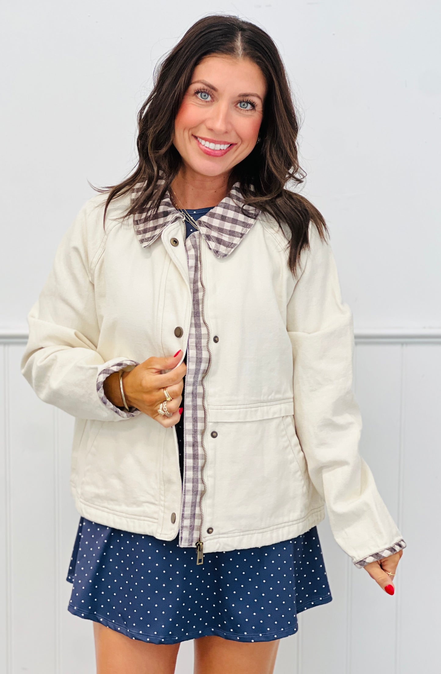 Ecru Plaid Contrast Zip & Snap Jacket (Reg.)