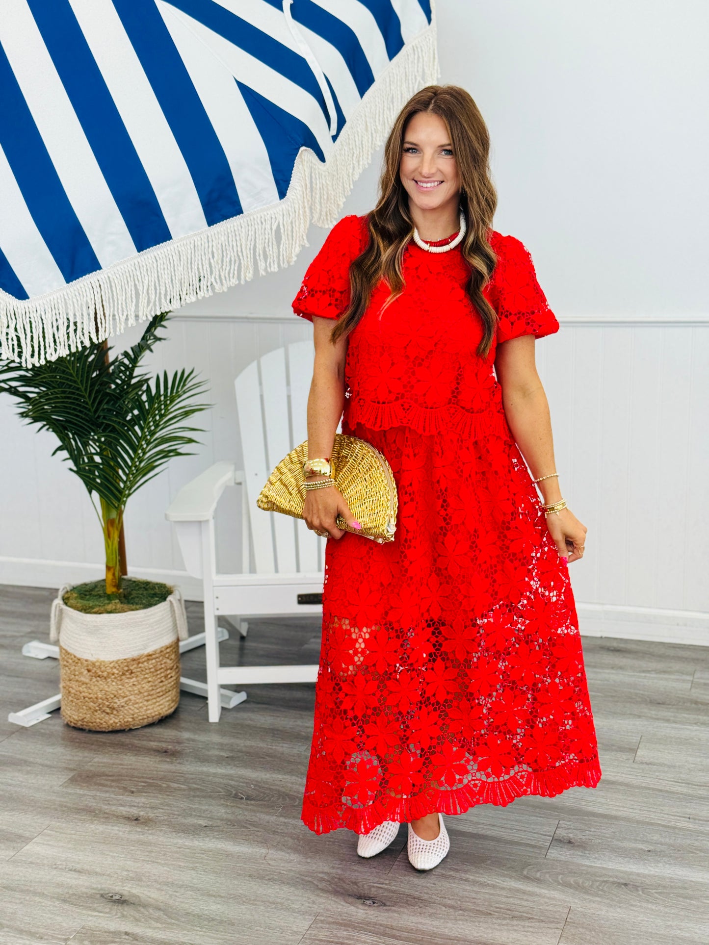 Tomato Red Lace Scalloped Midi Skirt (Reg.)