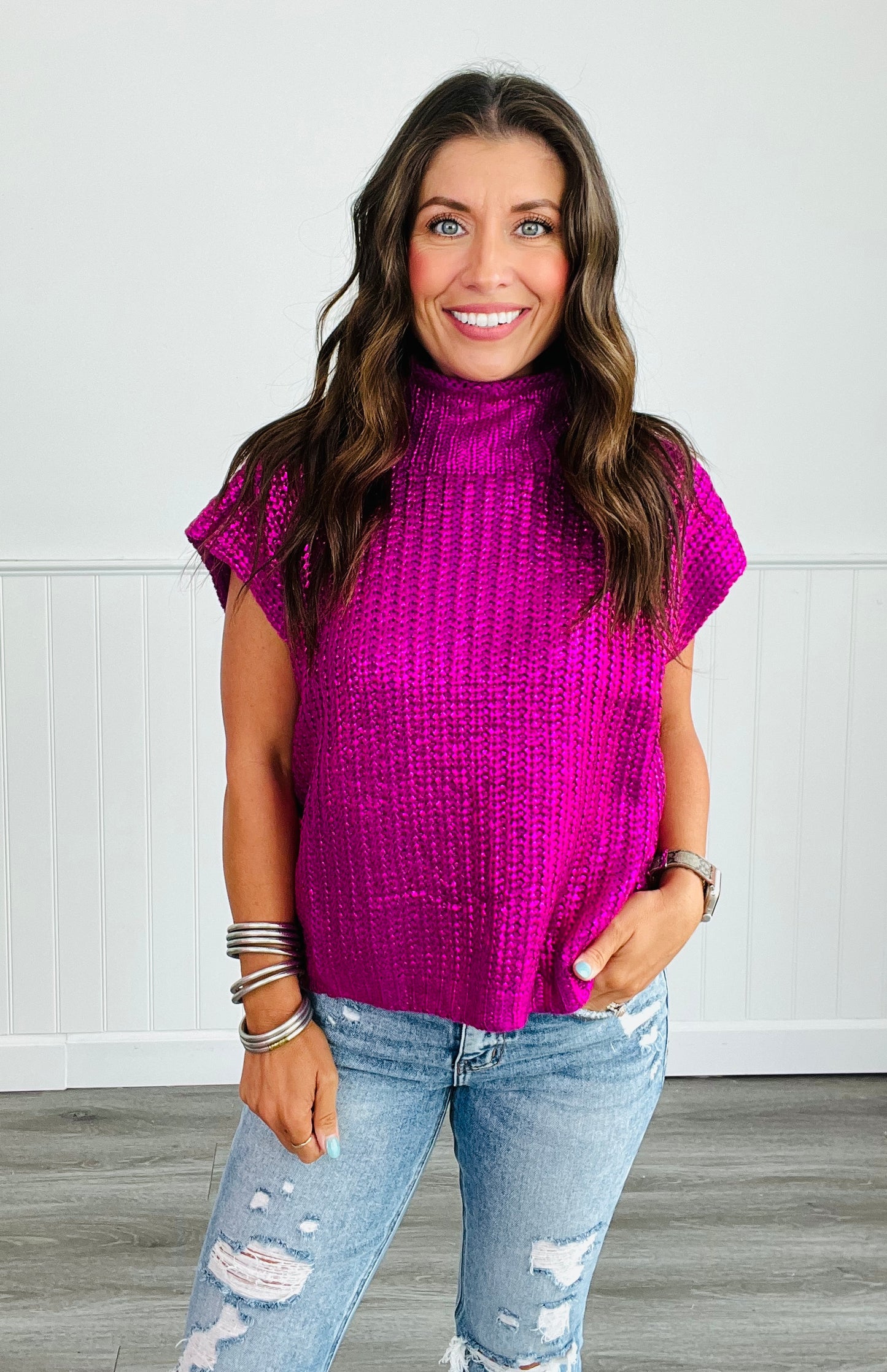 Magenta Metallic Foil Turtleneck Sleeveless Sweater Top (Reg.)