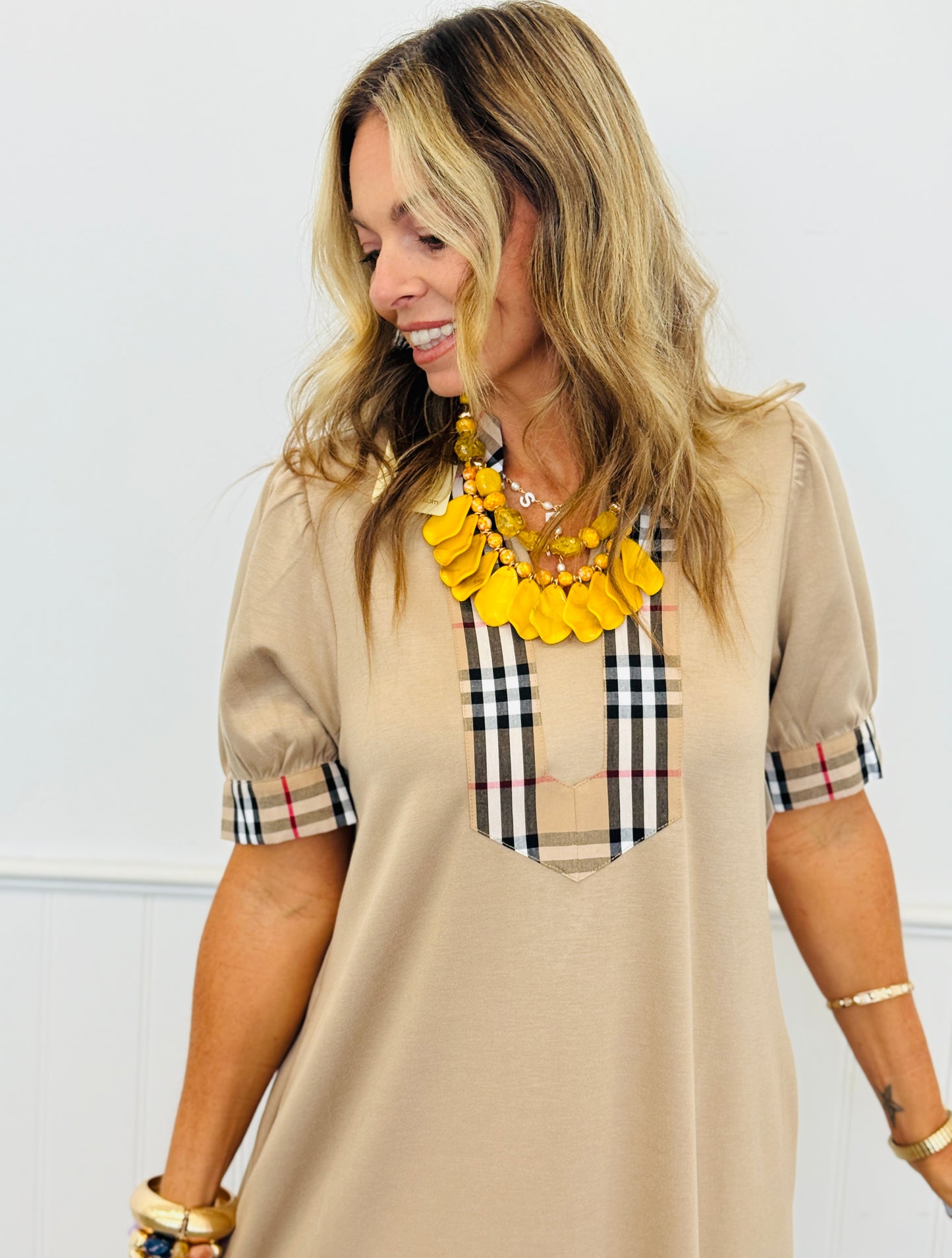 Taupe Contrast Check Plaid Midi Dress (Reg.)