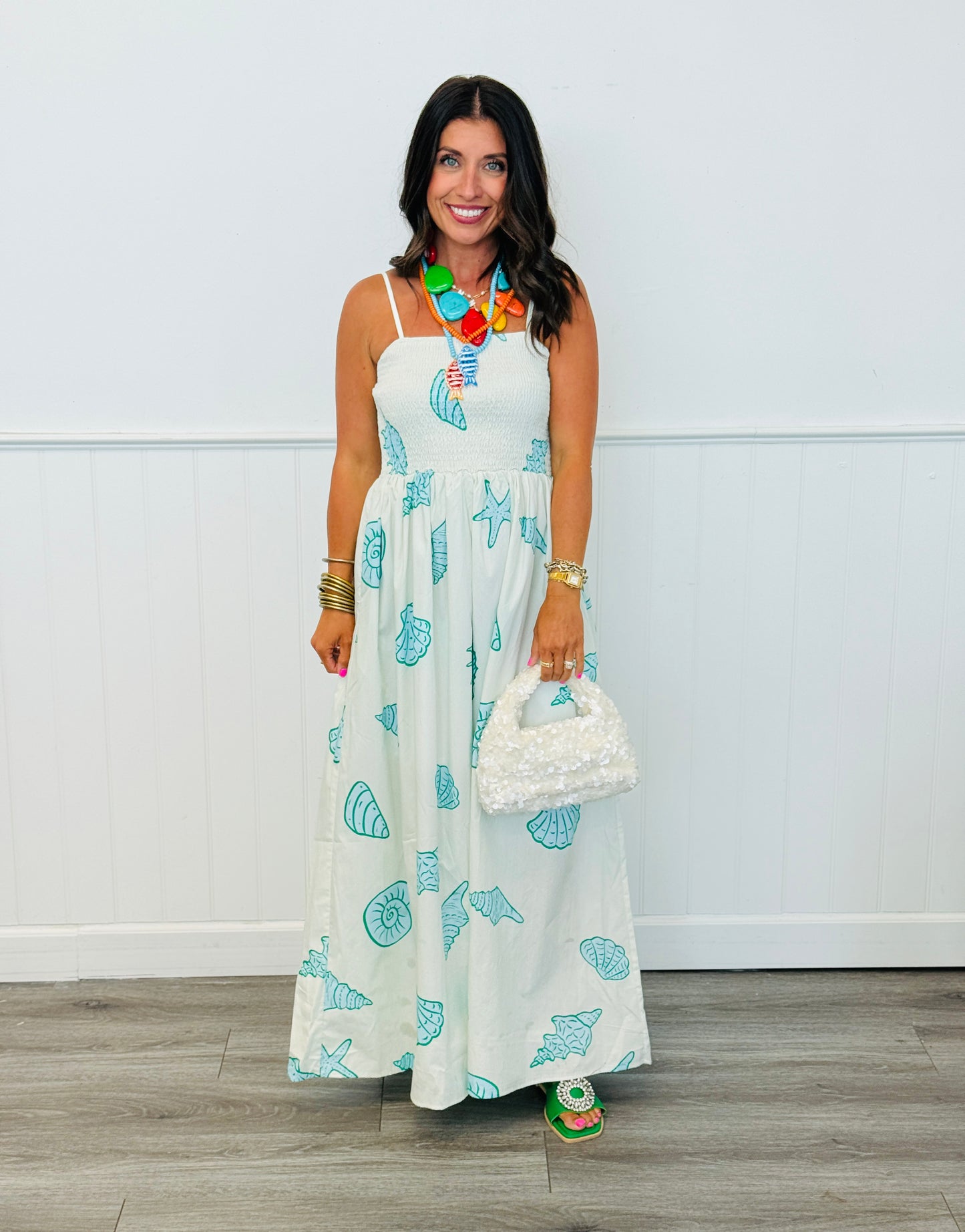Ivory/Green Seashell Print Maxi Dress (Reg.)