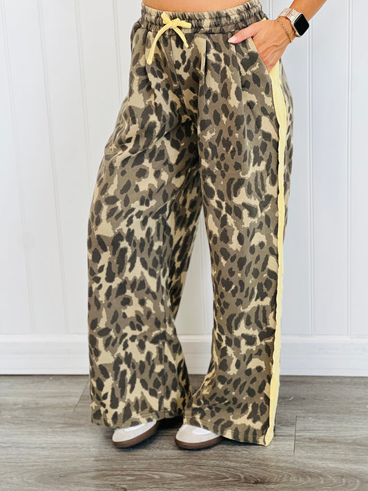 Olive Leopard Print Side Stripe Pants (Reg & Plus)