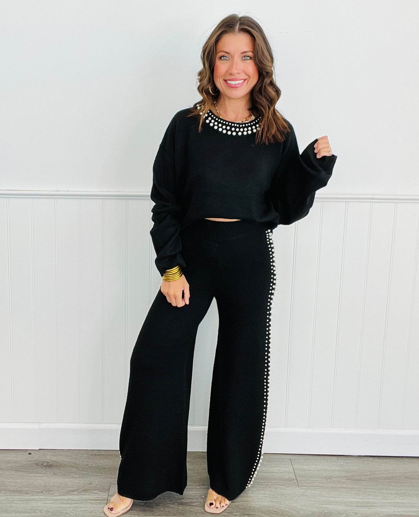 Black Pearl Trim Wide Leg Pants (Reg. & Plus)