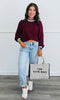 Burgundy Contrast Stripe Trim Sweater Top (Reg & Plus)