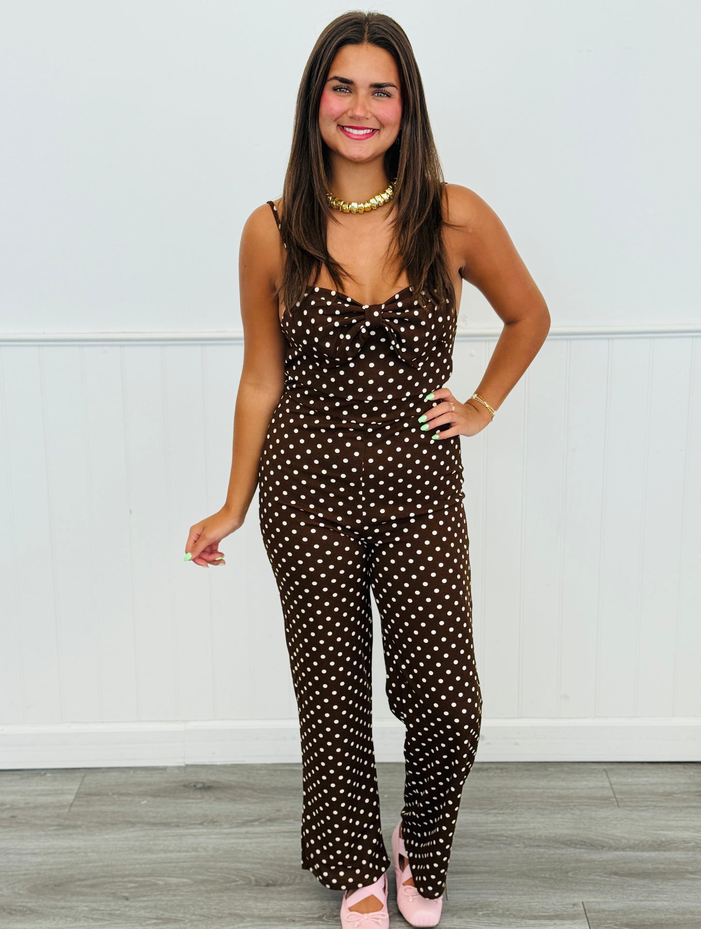 Chocolate/White Polka Dot Bow Detail Jumpsuit (Reg.)