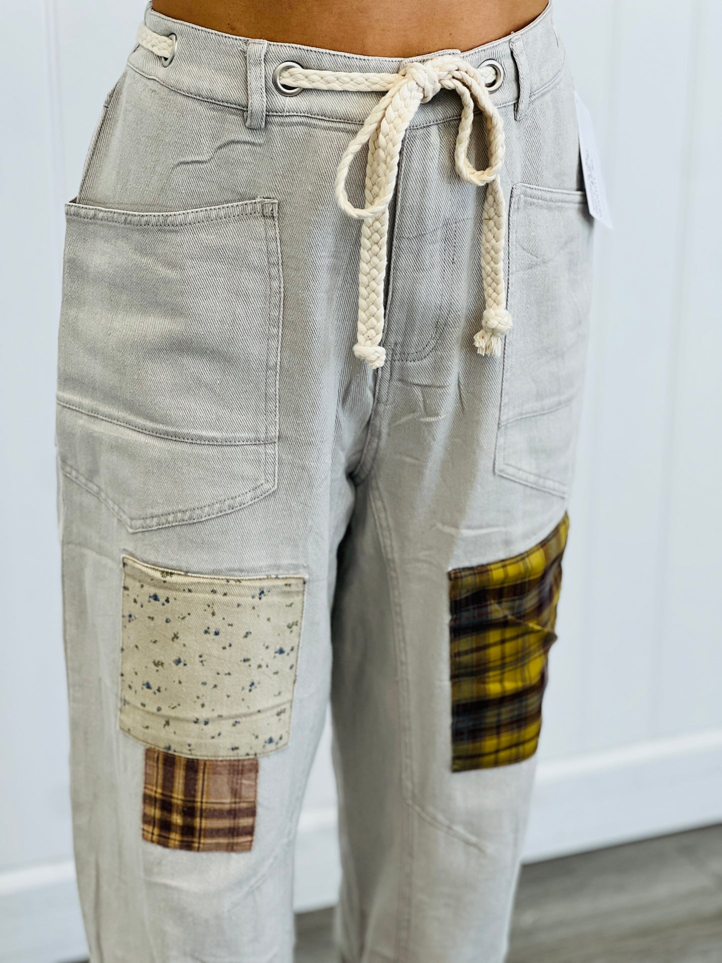 Washed Khaki Patchwork Ankle Pants (Reg & Plus)