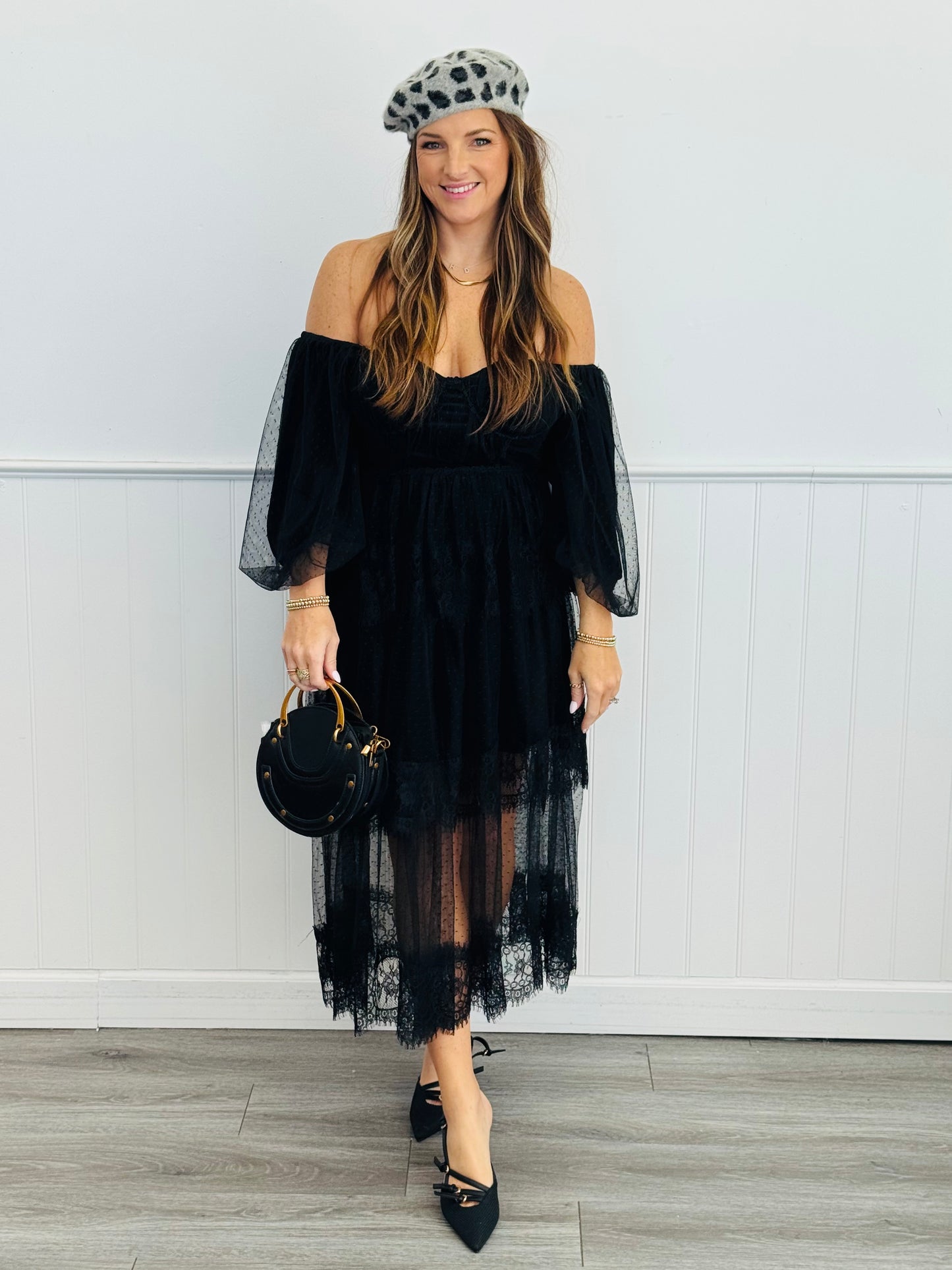 Black Layered Vintage Lace Midi Dress (Reg.)