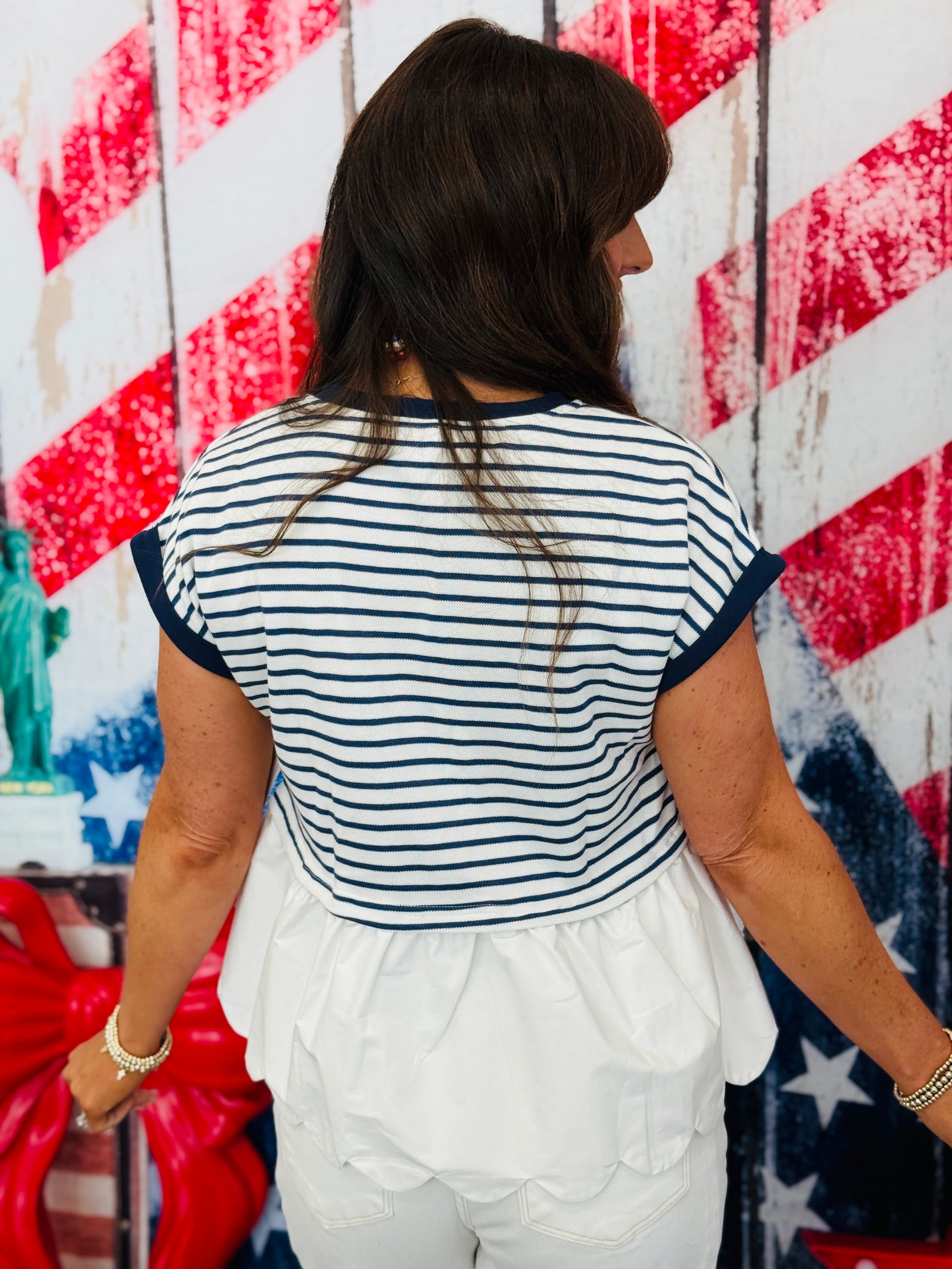 Navy Striped Knit Contrast Peplum Top (Reg.)