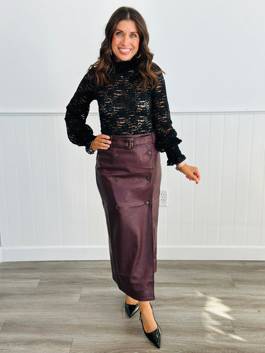 Plum Faux Leather Belted Midi Skirt (Reg. and Plus)