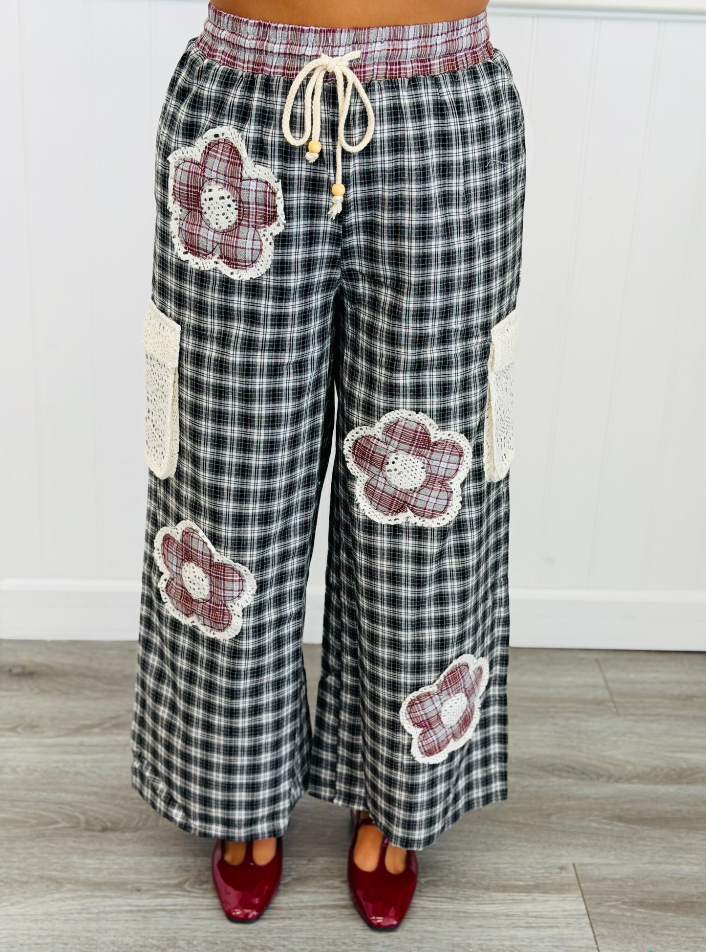 Black Gingham Crochet Lace Patch Pants (Reg & Plus)
