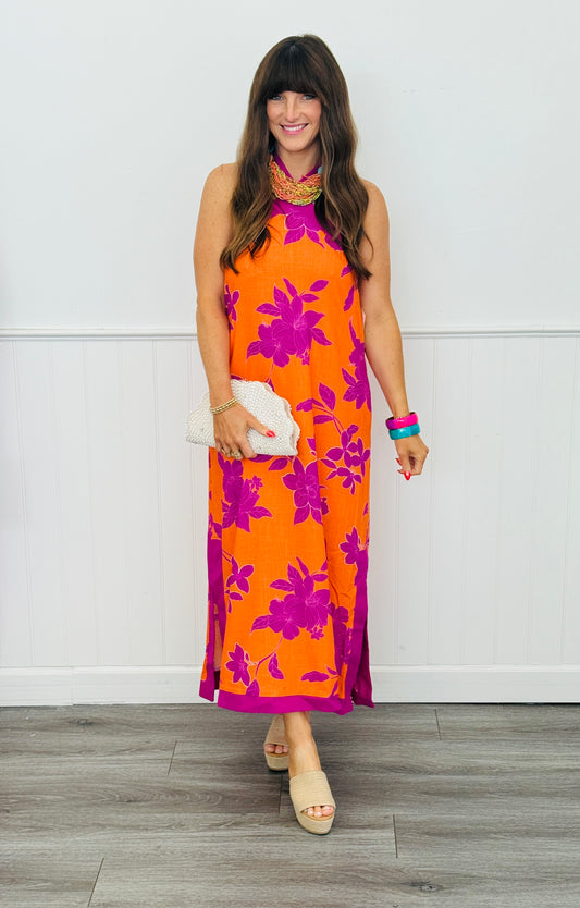Orange Tropical Delight Midi Halter Dress (Reg.)