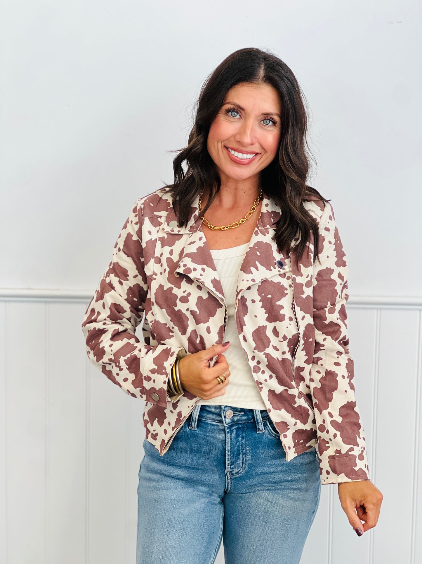 Cow Print Twill Moto Jacket (Reg & Plus)
