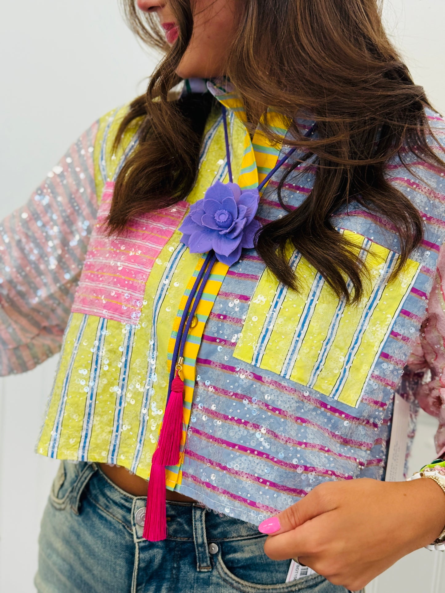 Queen Of Sparkles Multi Sequin Colorblock & Stripe Button Up Top (Reg. and Plus)