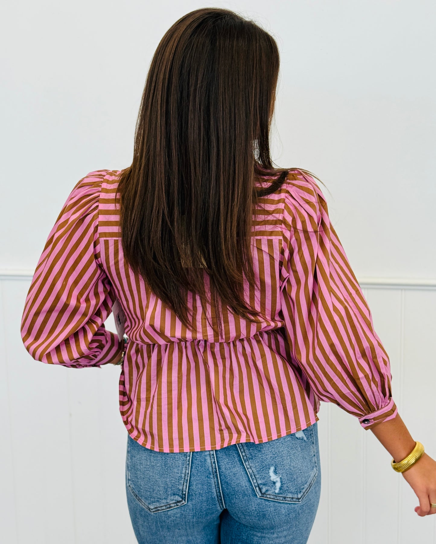 Camel/Pink Striped Button Up Blouse (Reg.)