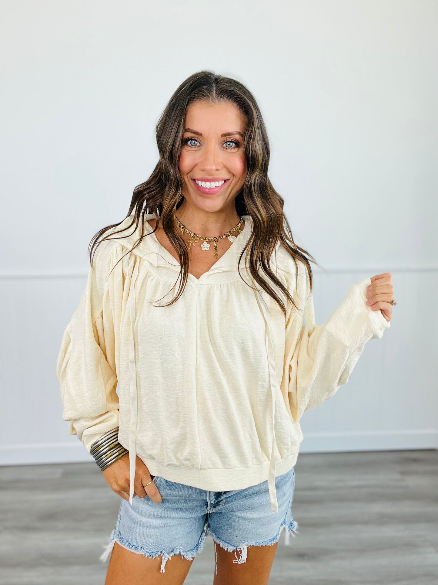 Cream Textured Knit Hoodie Top (Reg. and Plus)