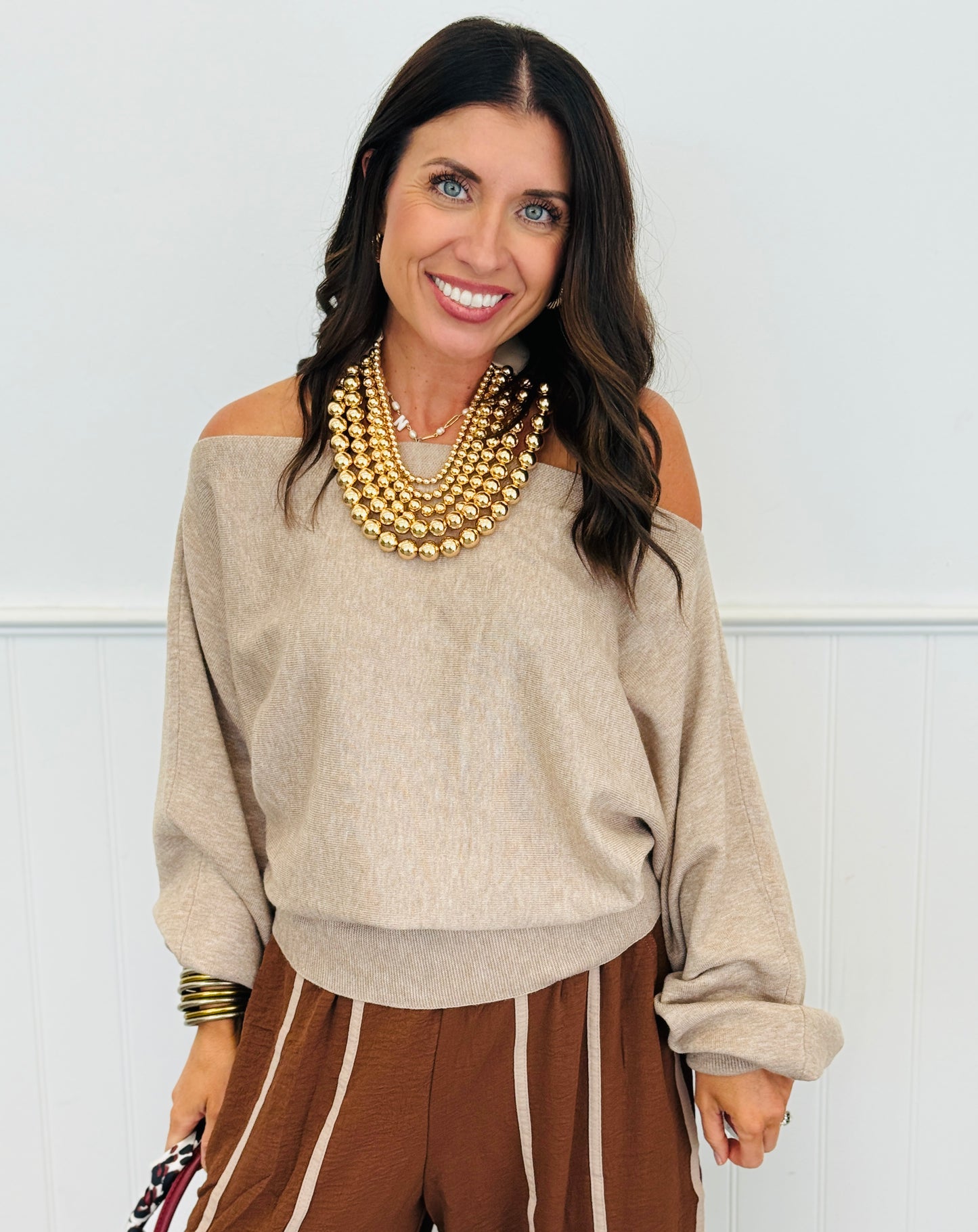 Taupe Boat Neck Sweater (Reg. and Plus)