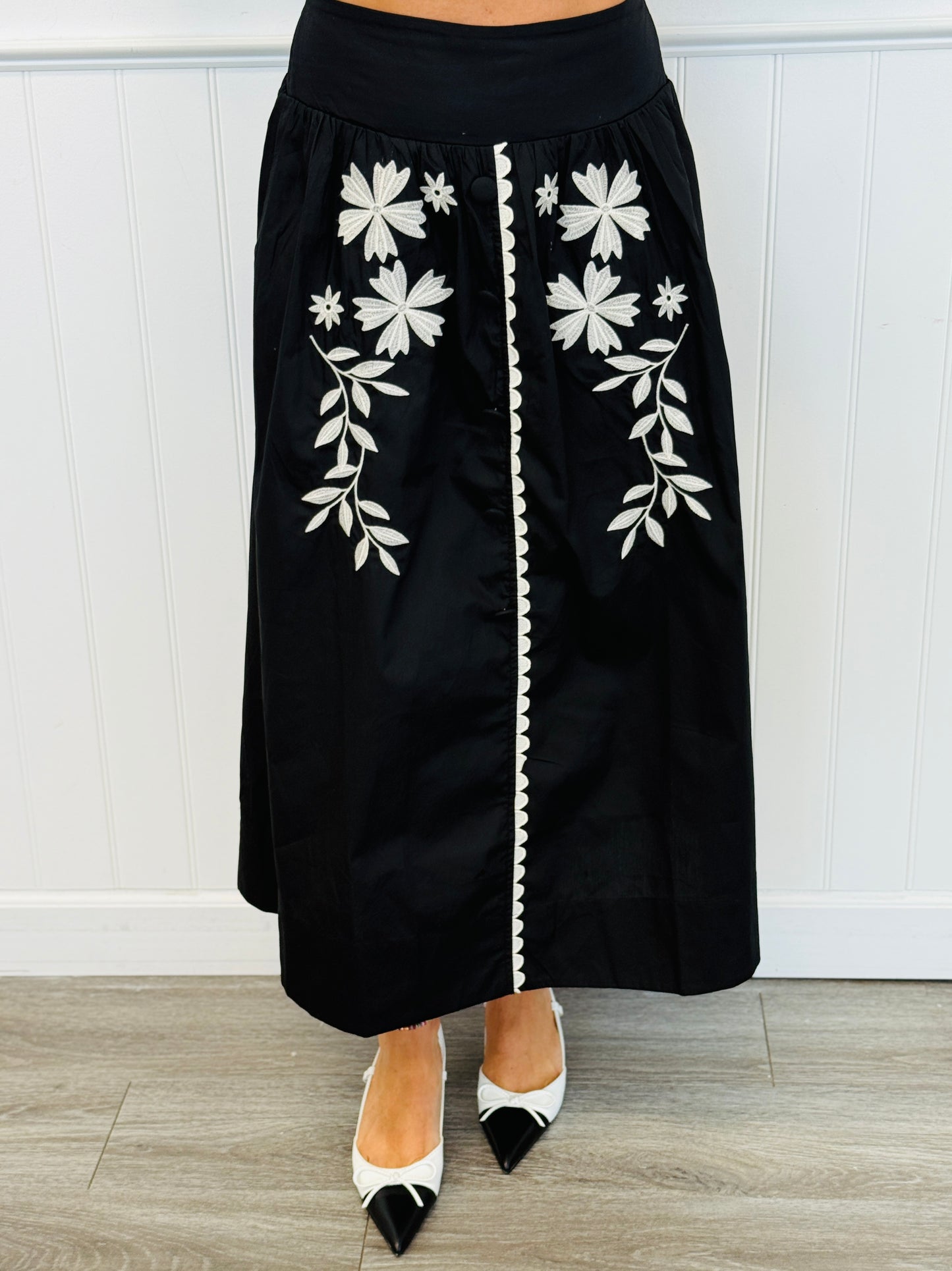 Black Embroidered Top & Midi Skirt Set (Reg & Plus)