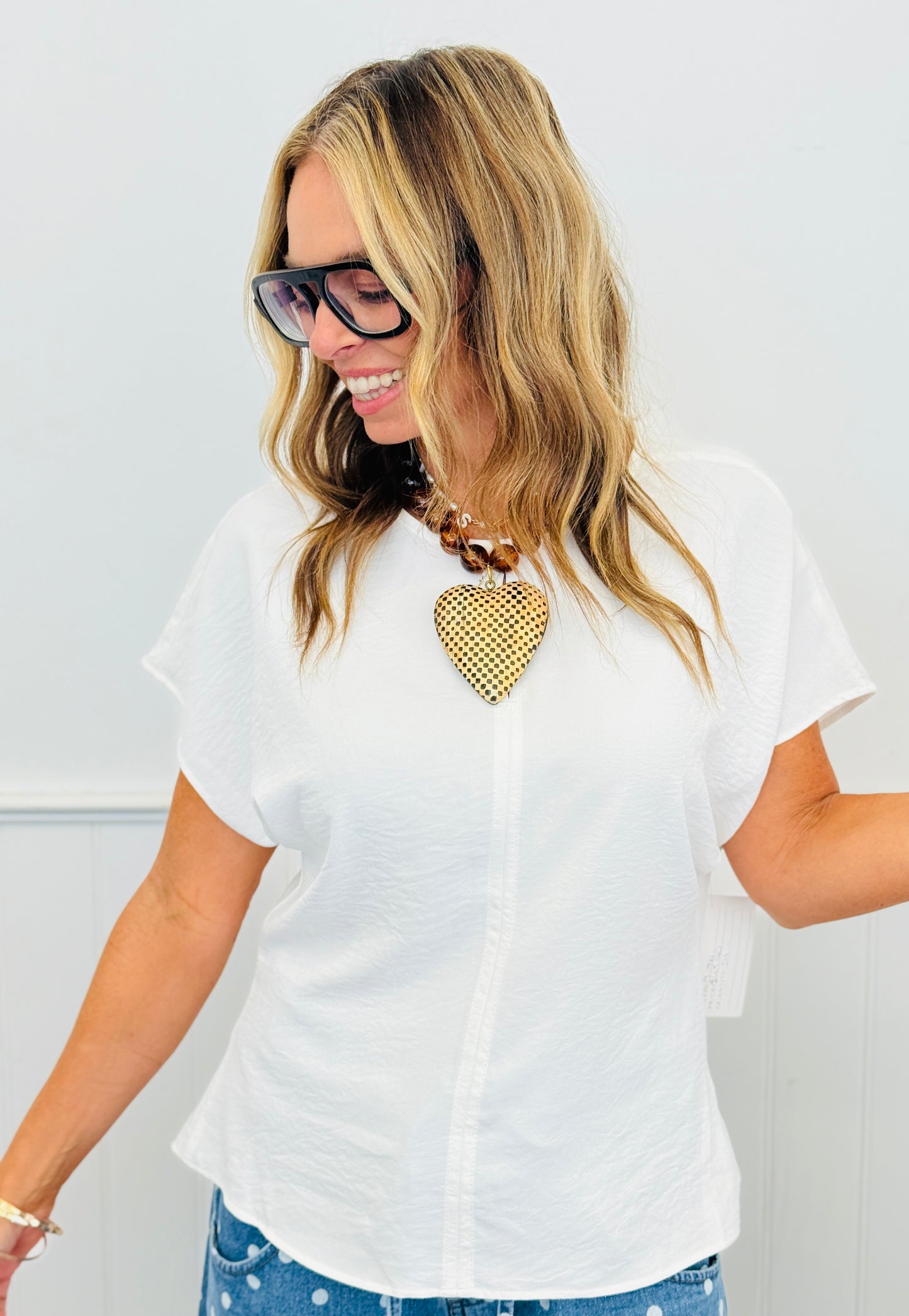 Off White Front Slit Short Sleeve Blouse (Reg. and Plus)
