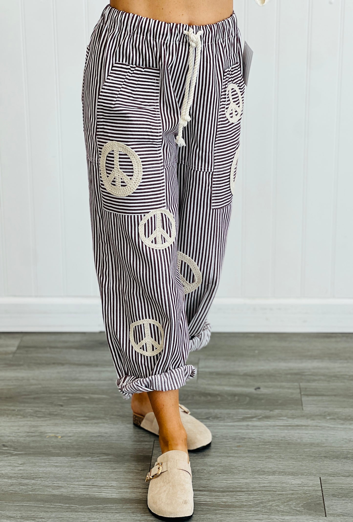 Burgundy Peace Sign Pinstripe Palazzo Pants (Reg. and Plus)
