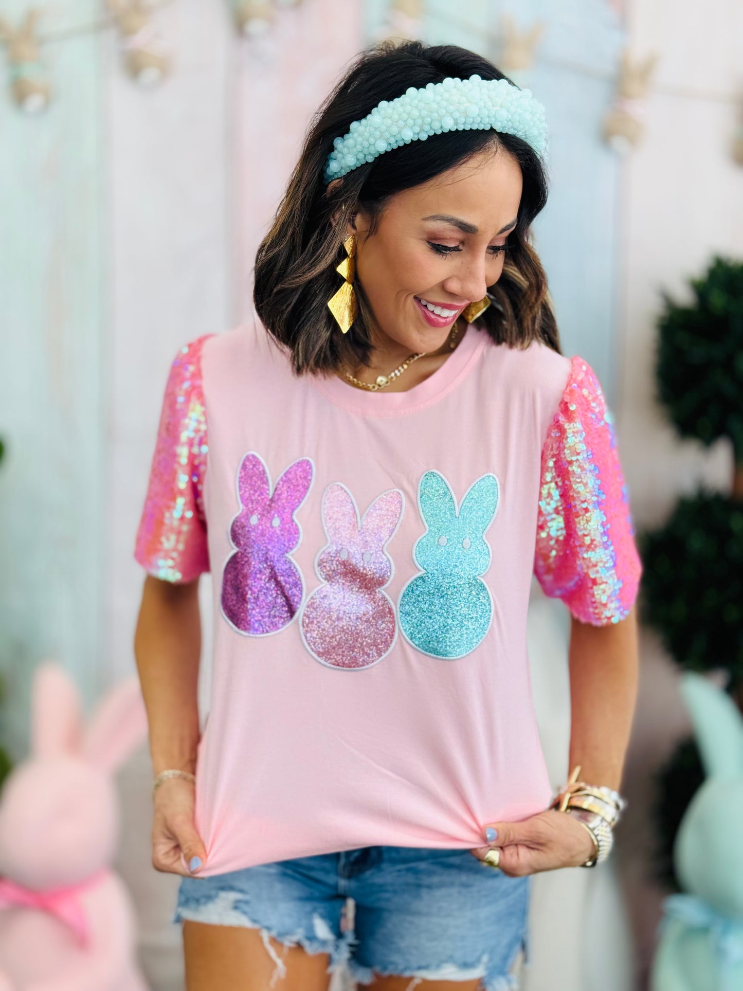 Bunny Patch Sequin Puff Sleeves Top (Reg. & Plus)