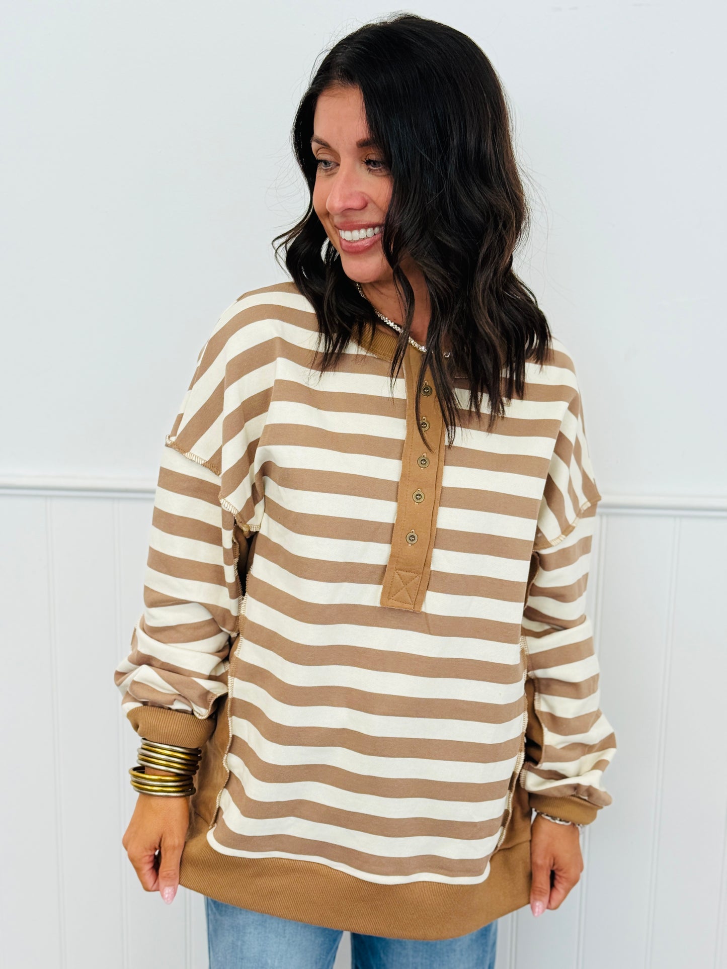 Taupe/Cream Oversized Striped Half Button Down Top (Reg.)