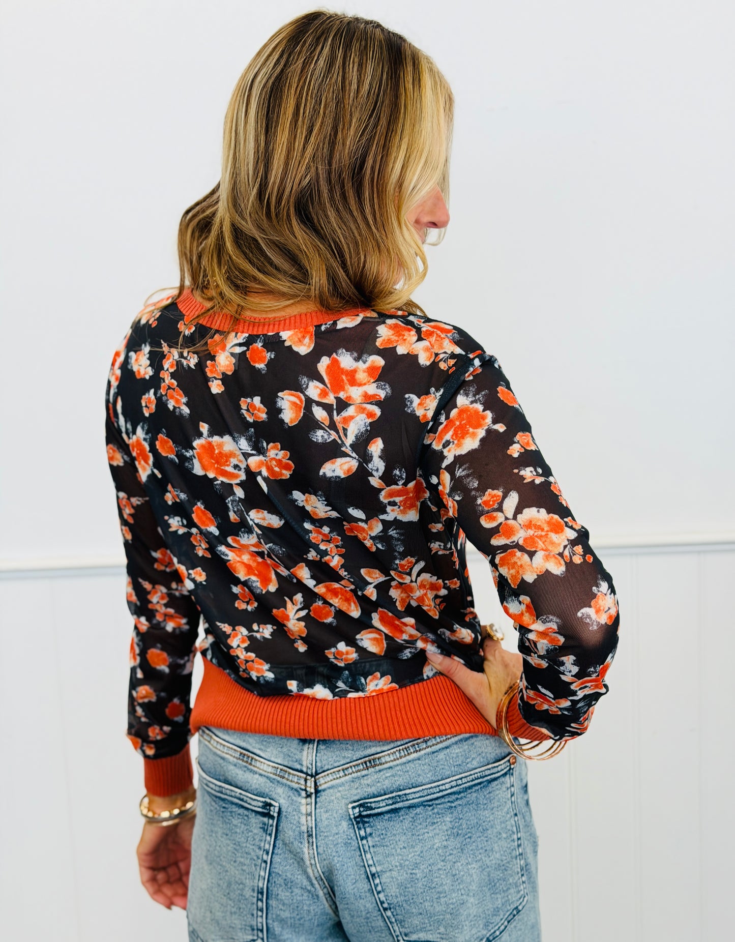 Navy/Brick Mesh Floral V-neck Lightweight Cardigan (Reg. and Plus)