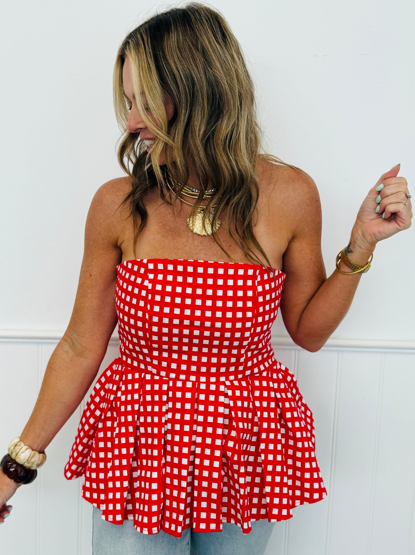 Checkered Strapless Peplum Top (Reg.)-2 Colors