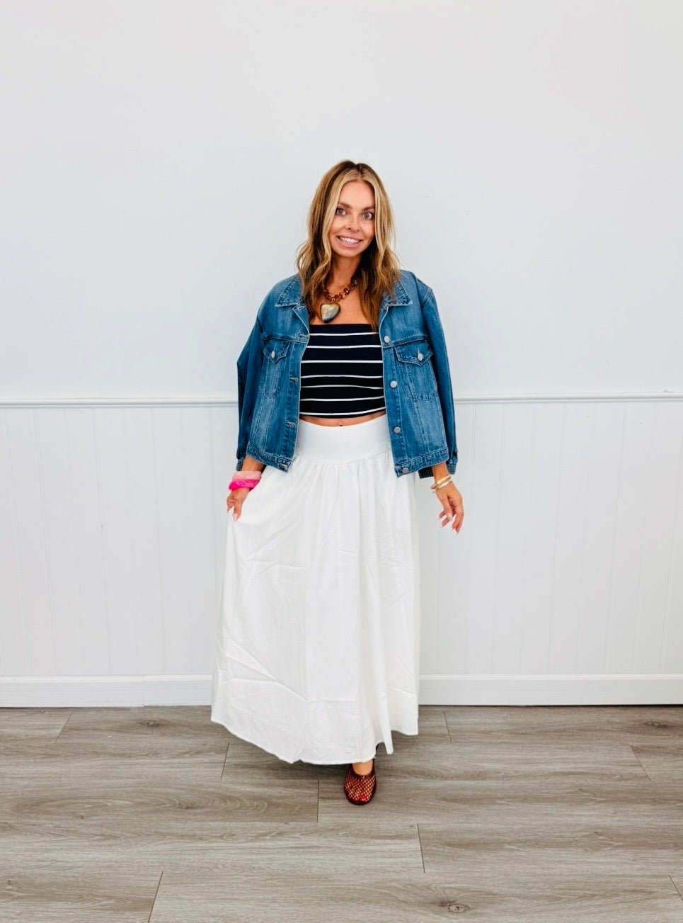 Off White Smocked Back Midi Skirt (Reg. and Plus)