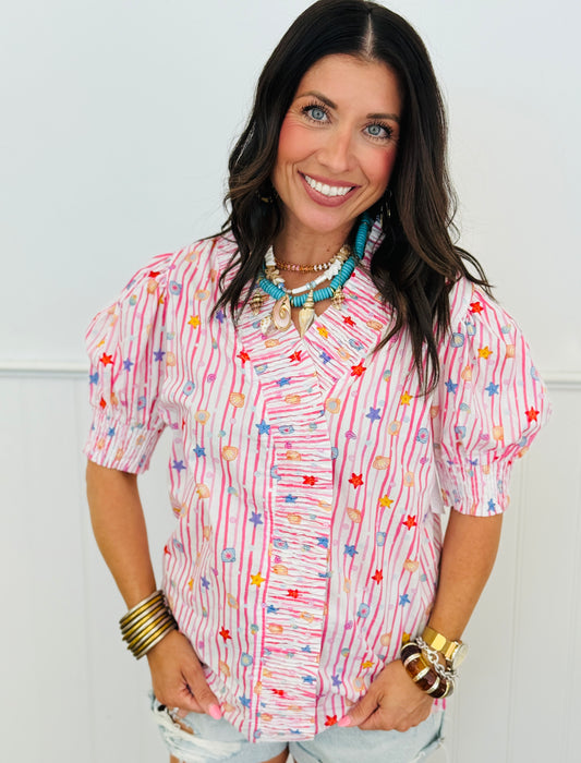 Pink Multi Seashell Striped Blouse (Reg & Plus)