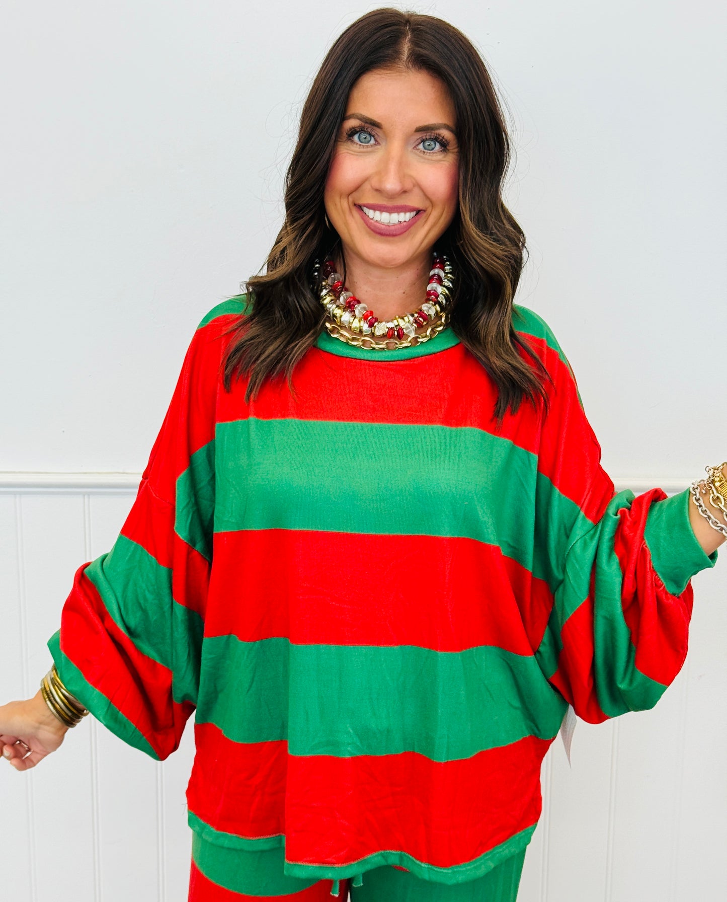 Red/Green Striped Top & Pants Set (Reg. and Plus)