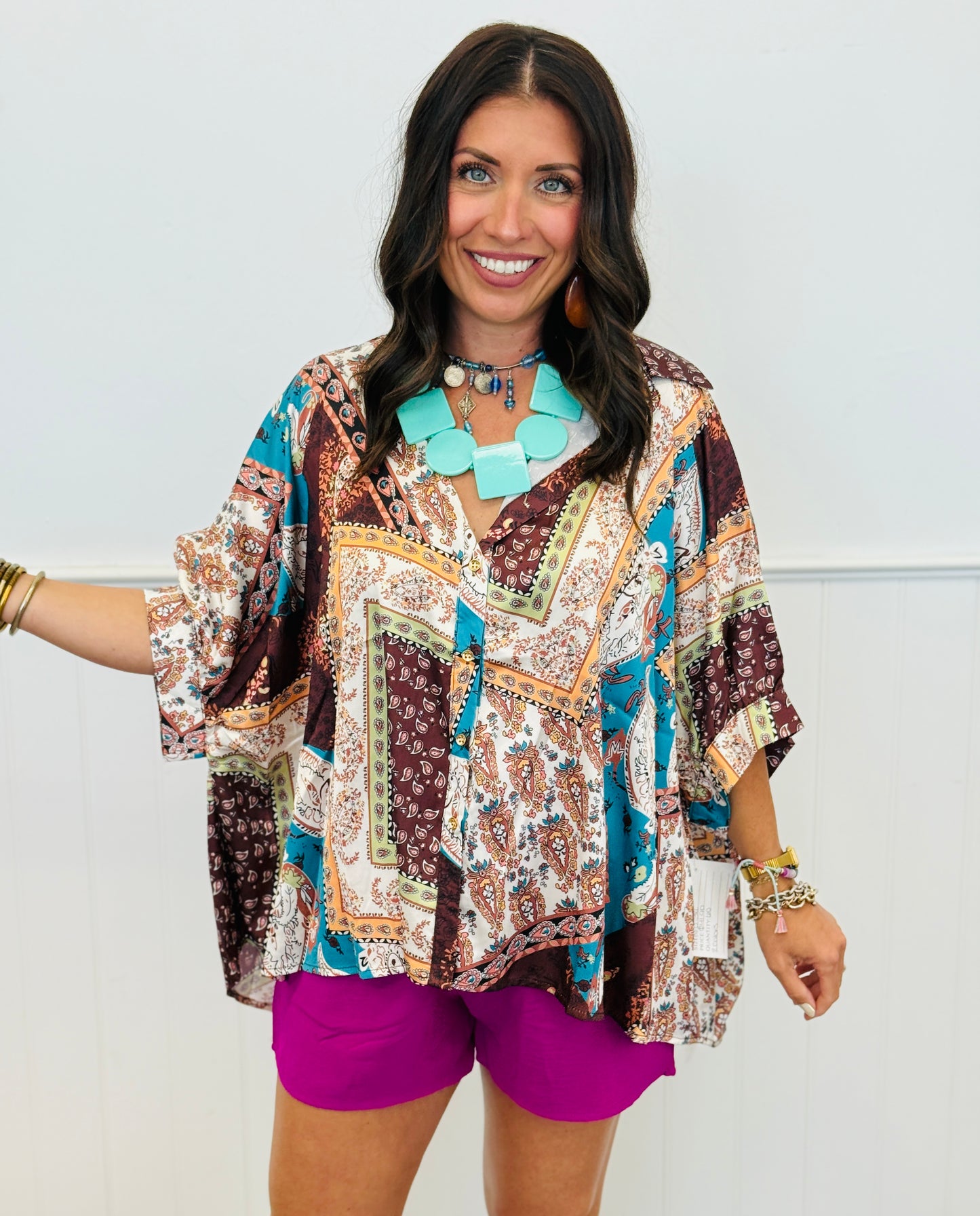 Satin Print Oversized Button Down Shirt (Reg & Plus) - 2 Colors